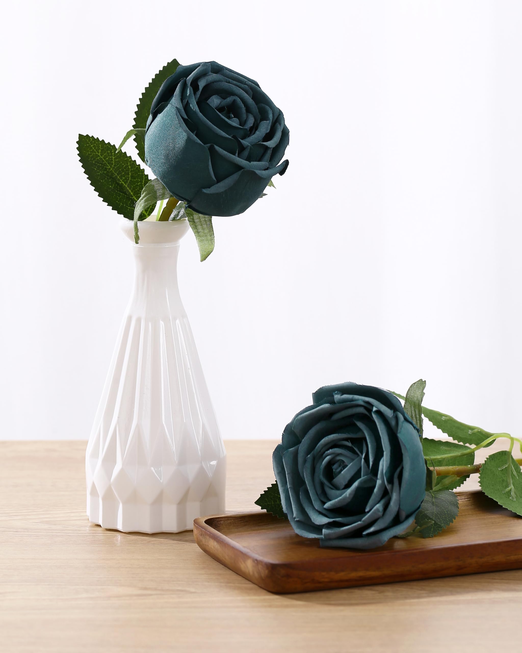 DuHouse 10pcs Fake Roses Artificial Silk Flowers Flower Long Stems Bouquet for Arrangement Wedding Centerpiece Party Home Kitchen Decor(Peacock Blue) - Image 3