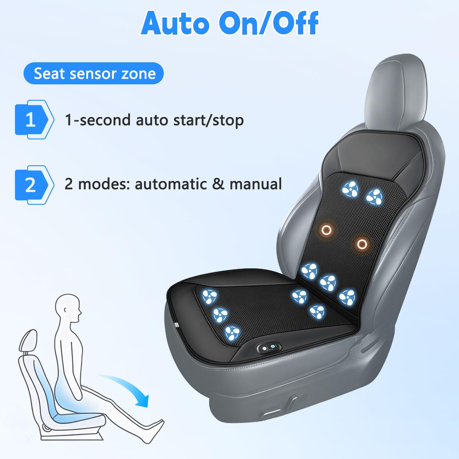 Coprisedili rinfrescanti per auto, 10 ventole, funzione di accensione e spegnimento automatico, memorizzazione dell'ultima regolazione, con massaggio alla schiena, tre livelli di vento