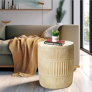 Glitzhome Antique Accent Side Table, MGO Cream White Textured Planter St...