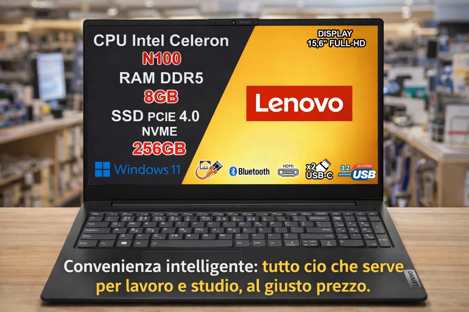Lenovo V15 G6 Notebook Intel N100 3.4GHz 8GB DDR5 256GB SSD 15.6" Full HD WiFi 6 Windows 11 Pro Nero