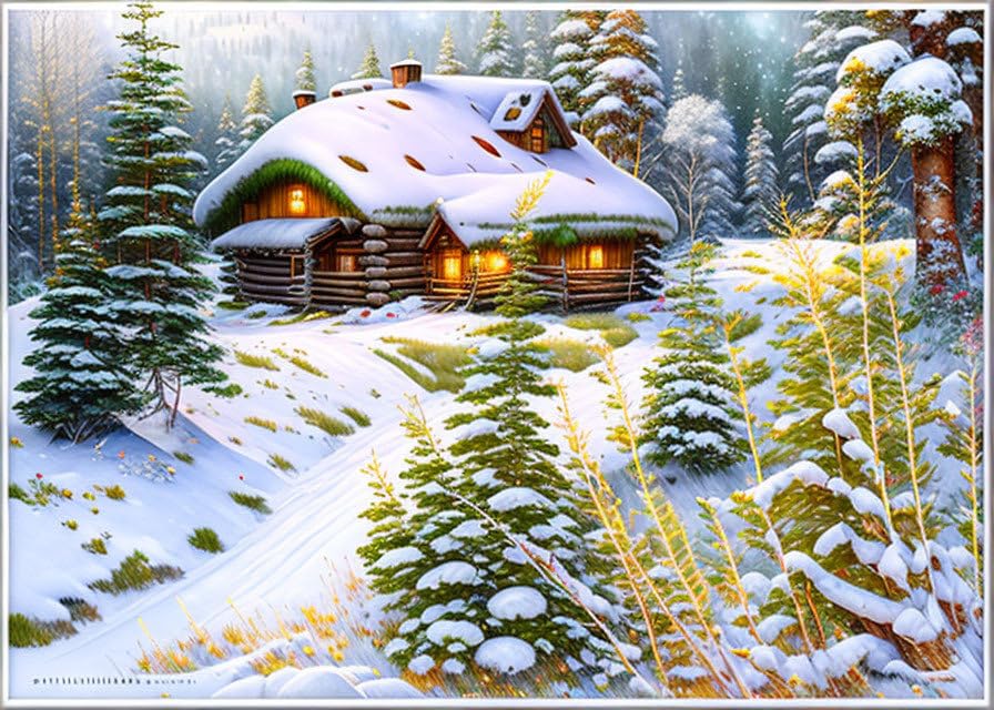 Toile murale paysage de neige et cabine pour ambiance cocooning au salon