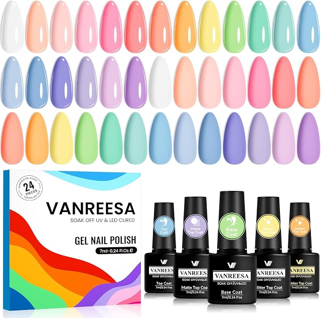 VANREESA 24 Pcs Pastel Gel Nail Polish Set -Spring Trendy Colors Gel Polish with Base Coat & 4 Effects of Top Coat Pink Orange Yellow Green Blue Purple Gel Polish Set Nail Kit Gifts for Women Girls