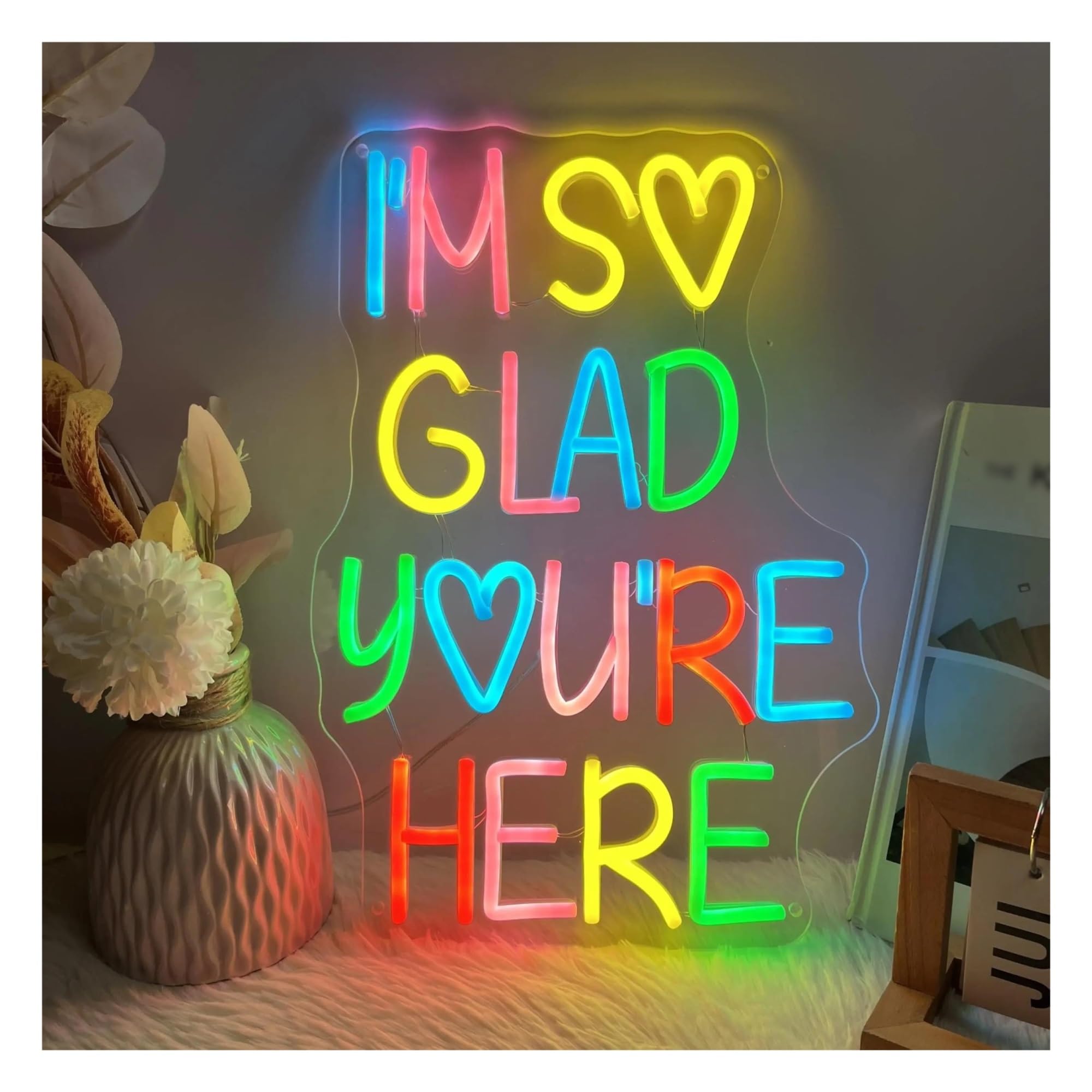 RONGCH Hanging Art Neon Signs I’m So Glad You’re Here Neon Sign USB Powered Dimmable for Wall Decor Bedroom Classroom Wedding Party Store(A)