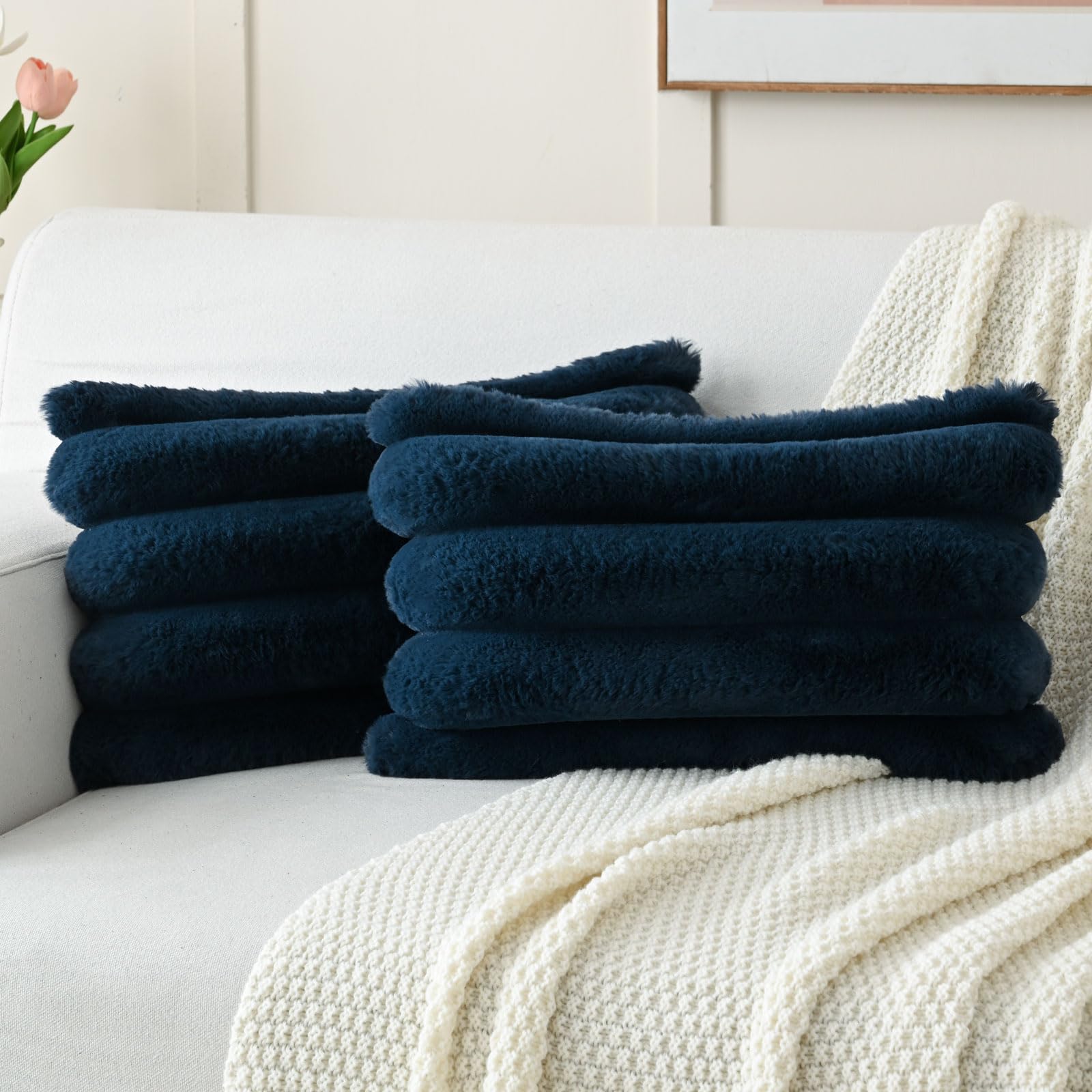 FUTEI Set of 2 Fluffy Faux Rabbit Fur Cushion Covers 30x50 cm,Navy Blue