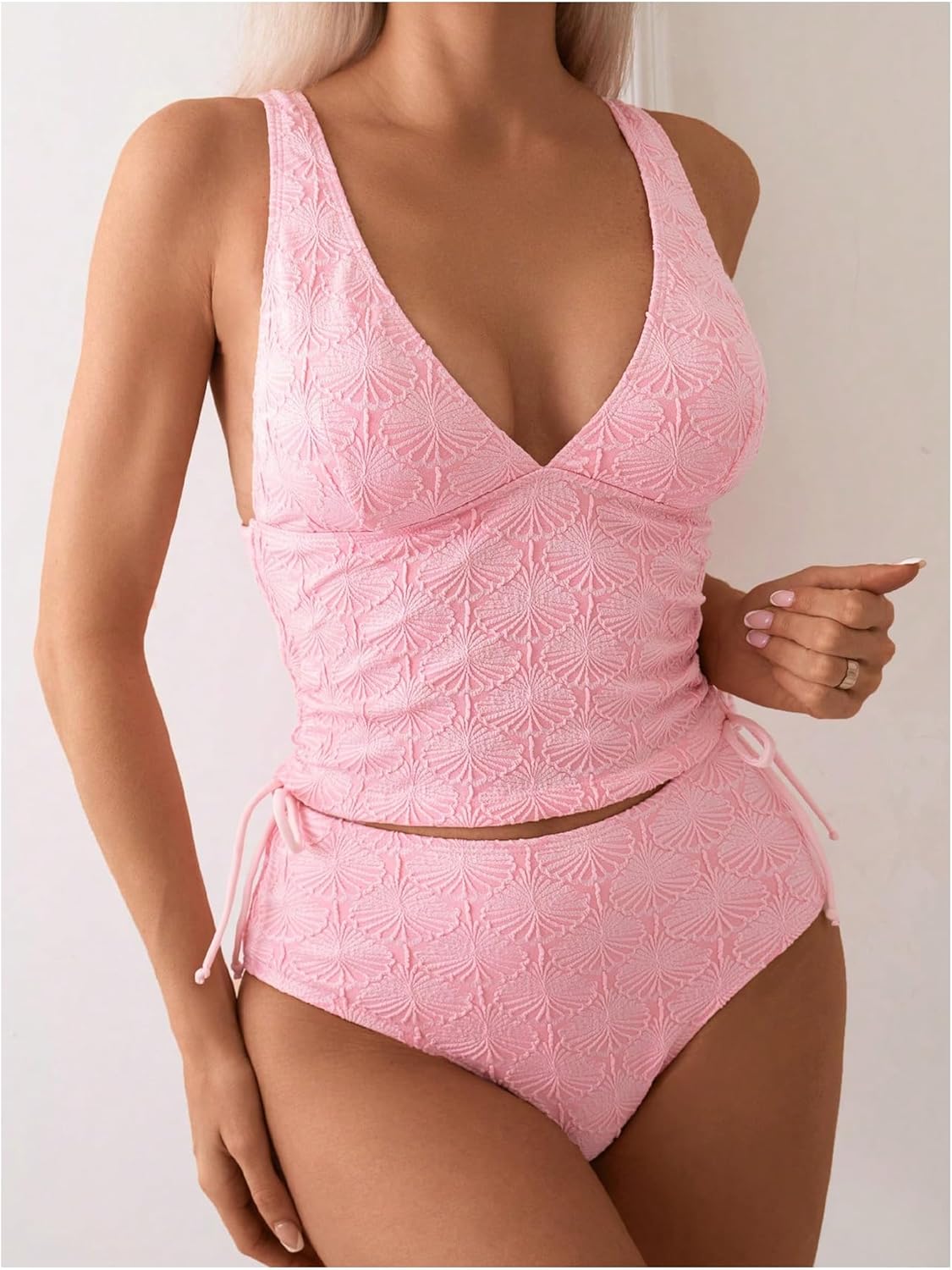 SweatyRocks Women's Textured Drawstring Tankini Swimsuit Wireless High Waisted 2 Piece Bathing Suit - Image 6