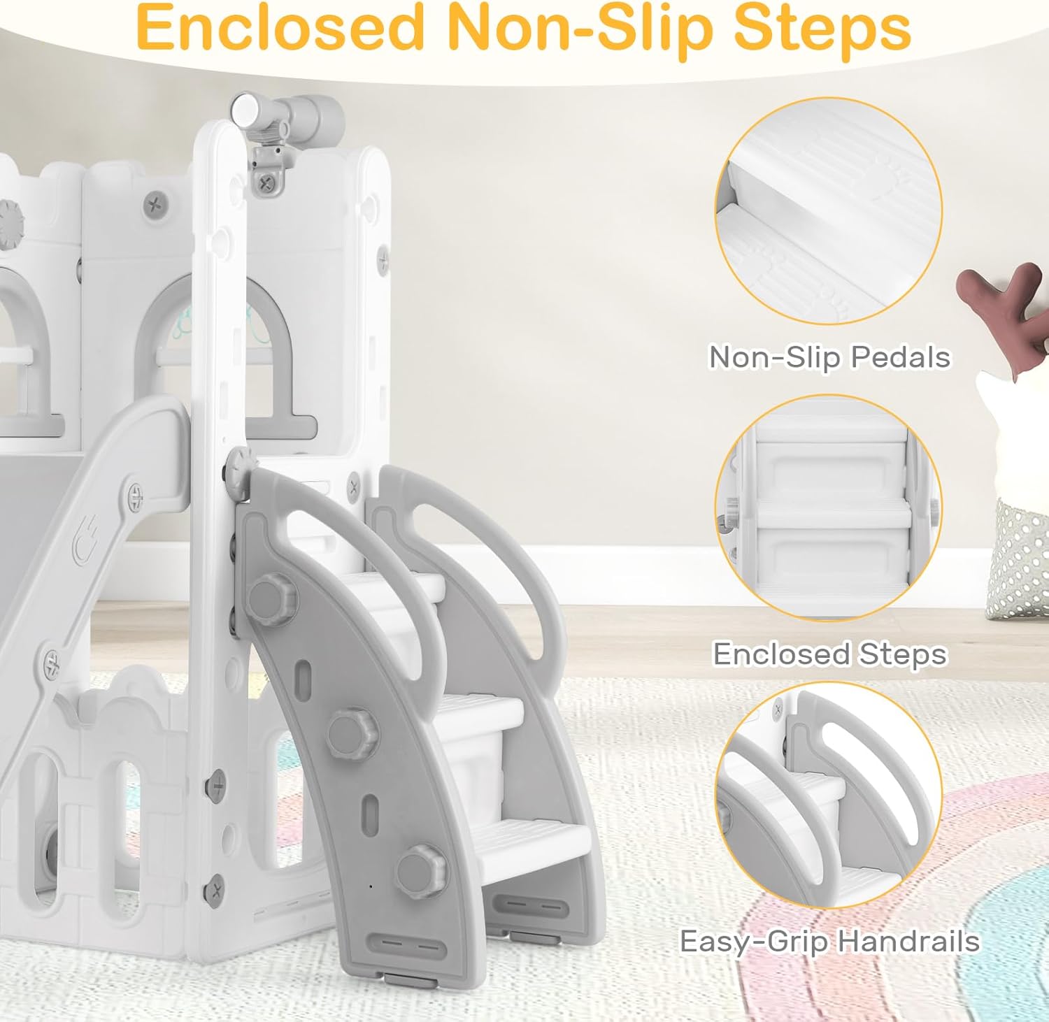 OLAKIDS Toddler Slide and Swing Set, 7 in 1 Kids Indoor Outdoor Playground with Climber Basketball Hoop Telescope Toy Storage for Boys Girls Aged 1+ (Grey)