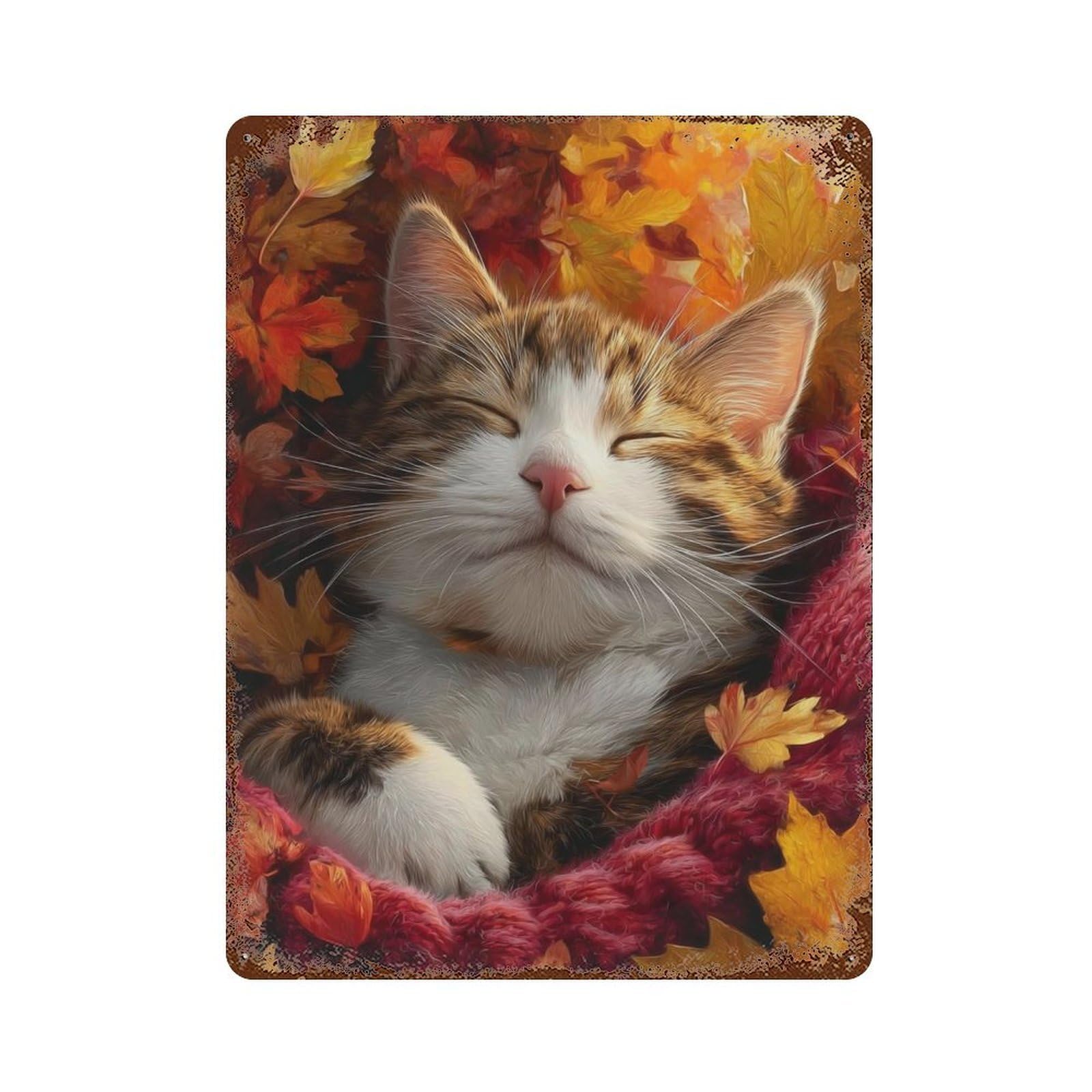 Autumn Kitten Blanket Decorative Tin Sign 15.7"x11.8", Farmhouse Wall Decor for Garage, Bar And Workshop Decor