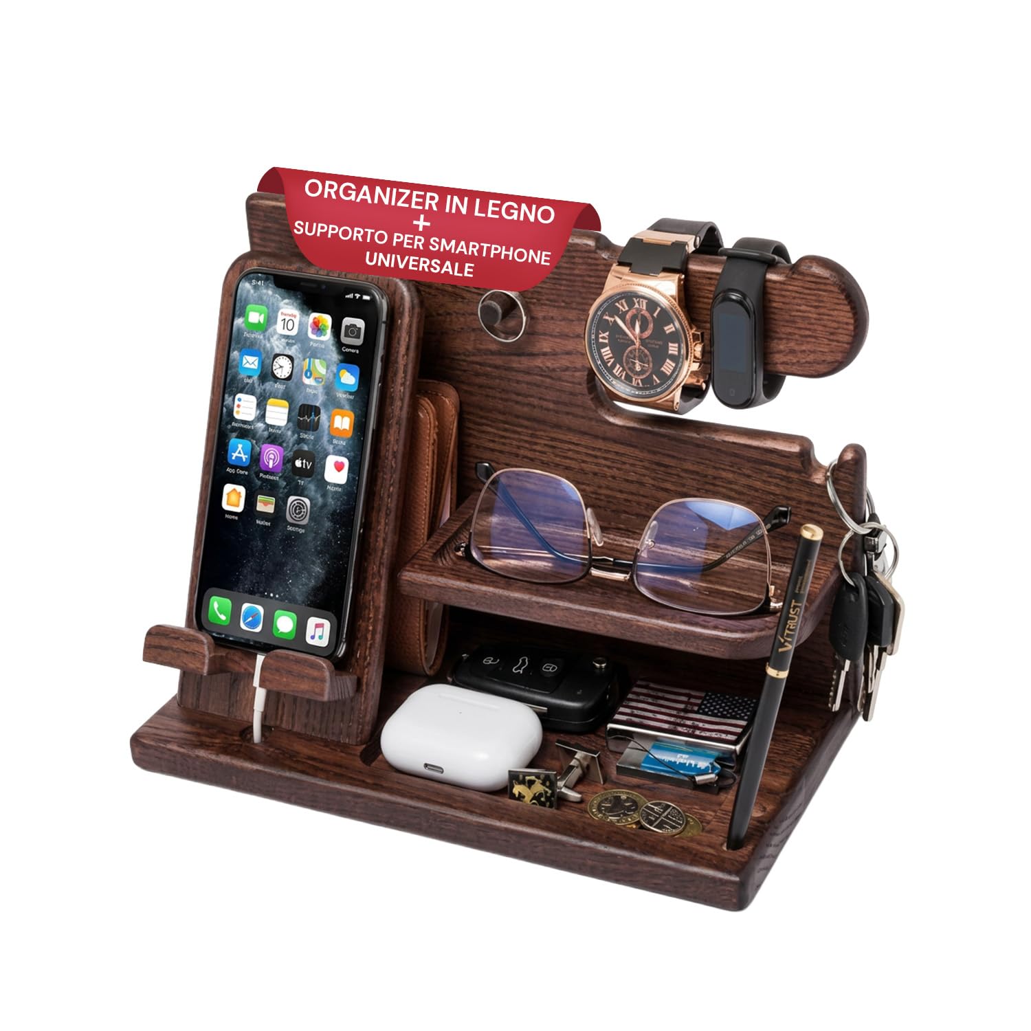 Avilia - Organizer in Legno con Supporto Smartphone e Porta Orologi – Stazione di Ricarica e Svuotatasche da Scrivania o Comodino – 25,5x15x18,5 cm – Design Naturale Elegante e Multiuso