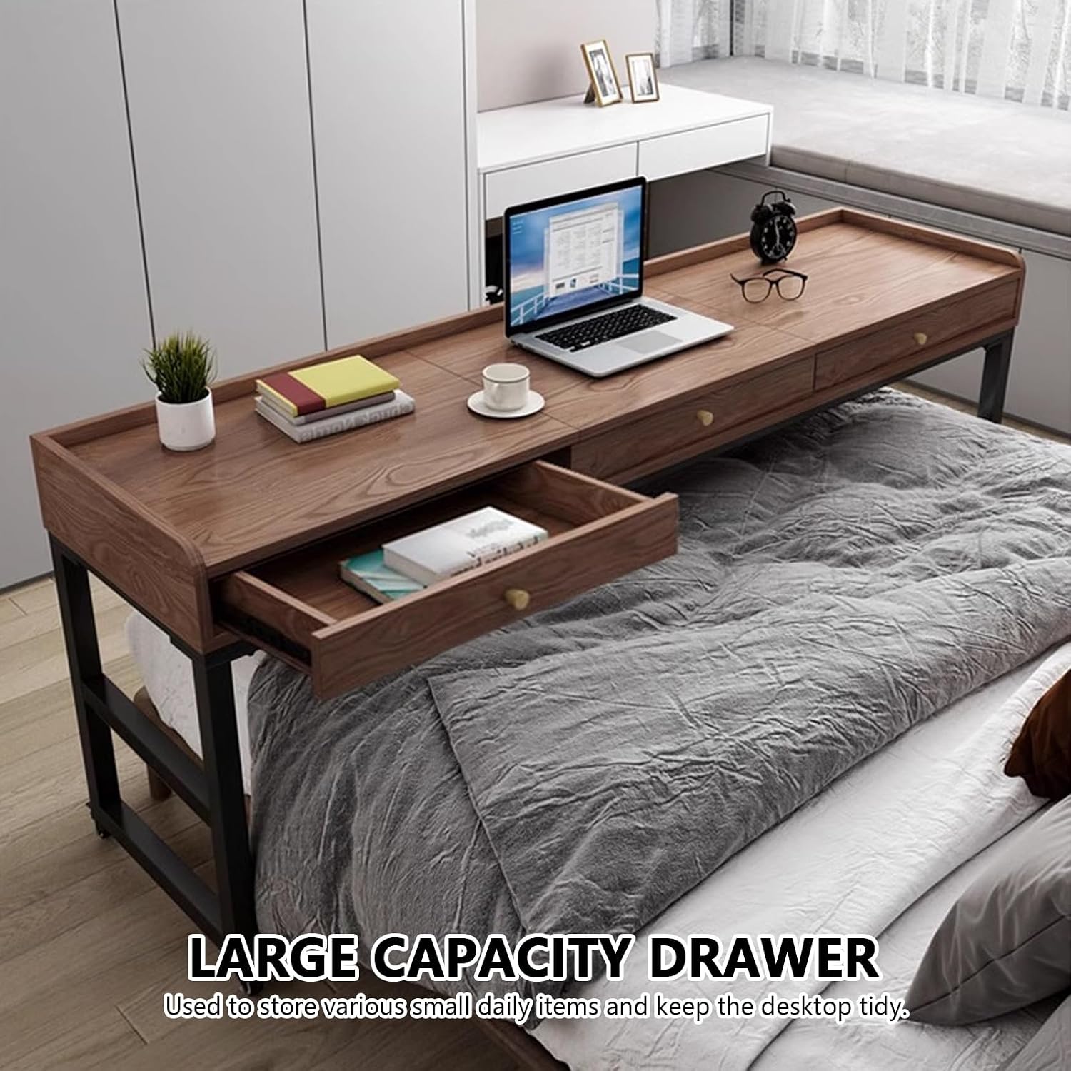 Home Rolling Drawers Bed Table with Wheels, Mobile Bedroom Bed Desk with Storage Compartment and Mirror, Laptop overbed Table, Over The Bed Working Table, Can be Used as Study Table.