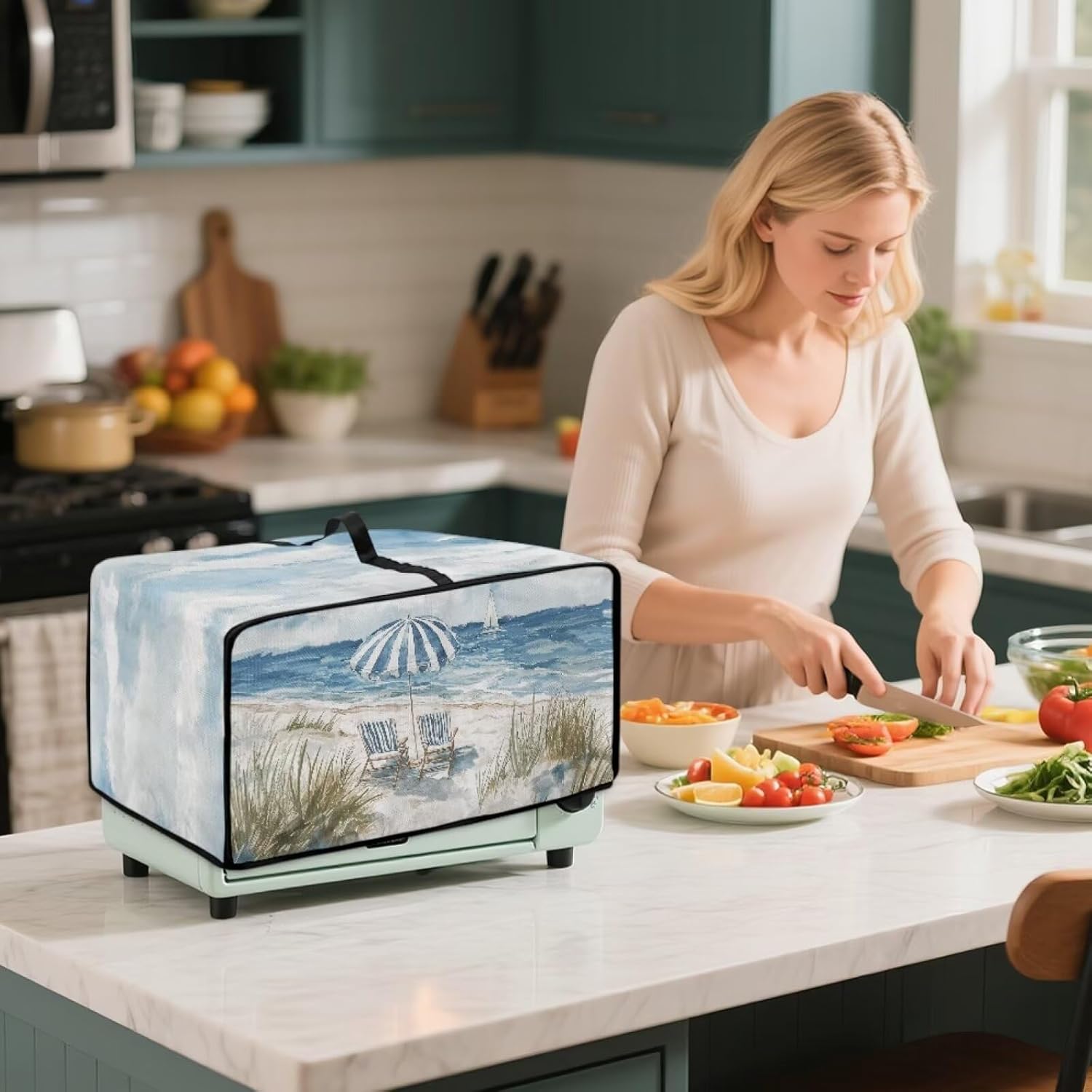 Beach Print Toaster Oven Dust Cover with Side Pockets Heavy Duty Dust Protection Microwave Toaster Oven Cover Decorative Accessories for Kitchen, L Size