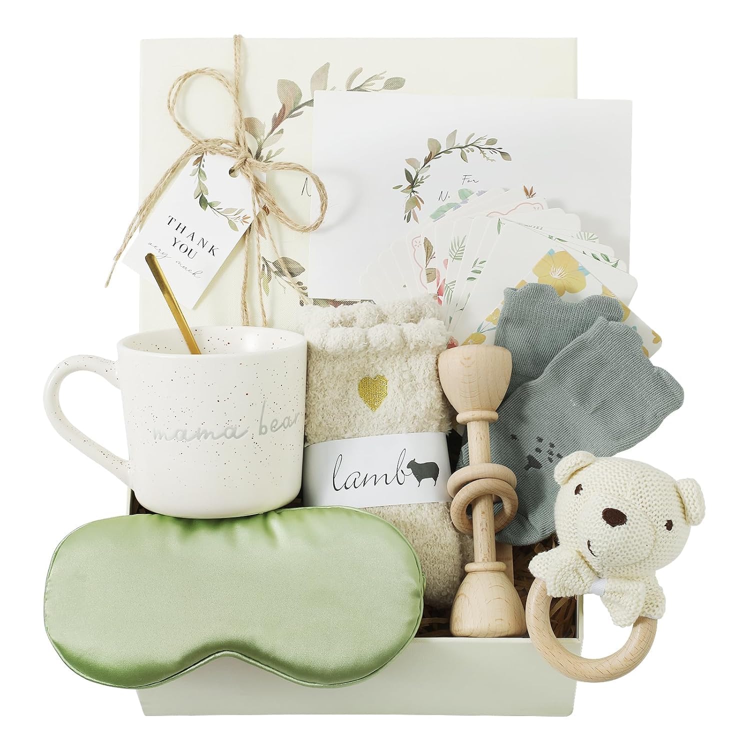 WOODEN TEETHER Cadeau bébé 9 pièces fille garçon, ensemble personnalisé pour futures mamans avec carte maman, masque pour les yeux, tasse, carte de vœux, hochet bébé, gâteau de couches boîte cadeau