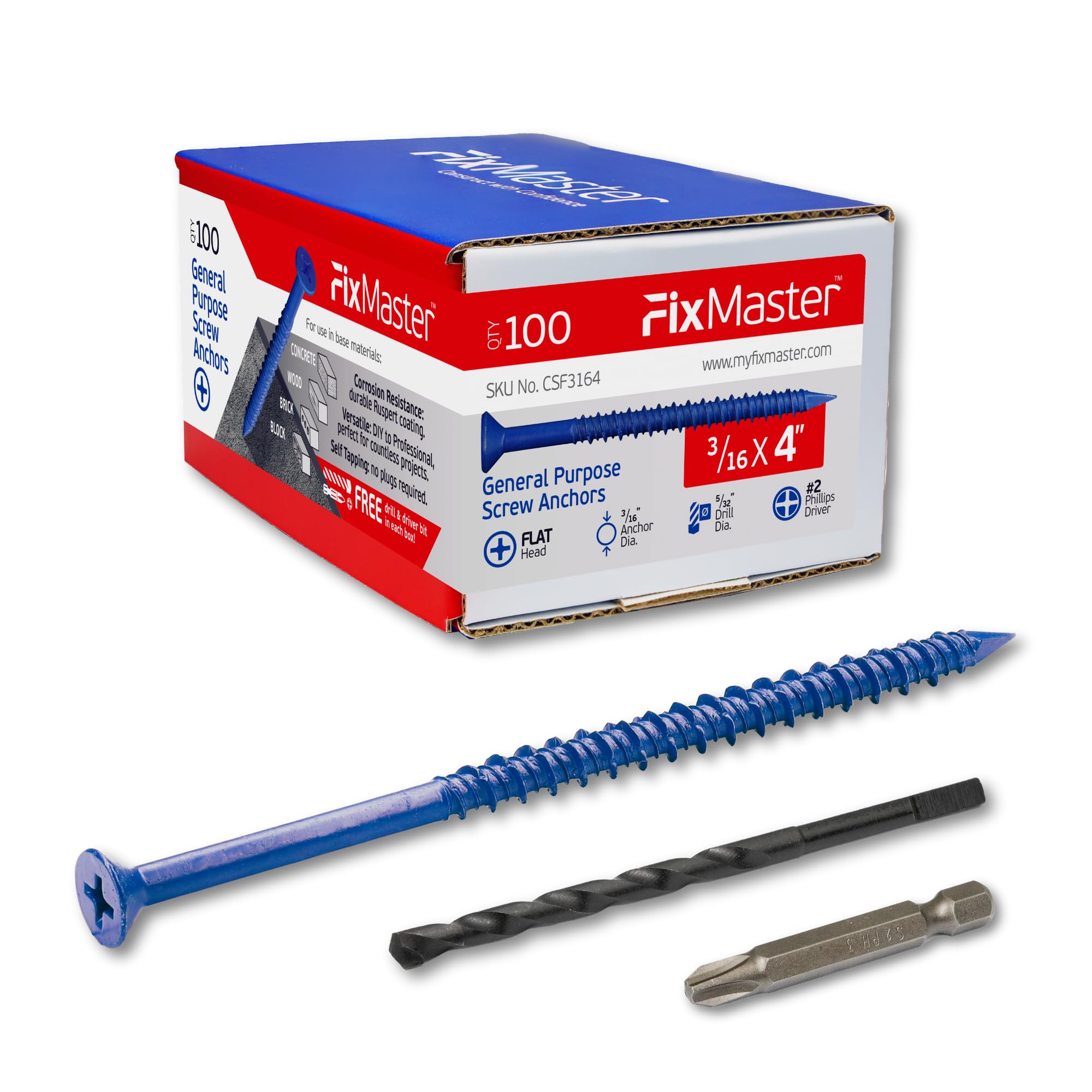 Concrete Screw Anchors - 100 Pack with Drill Bit & Screwdriver -19