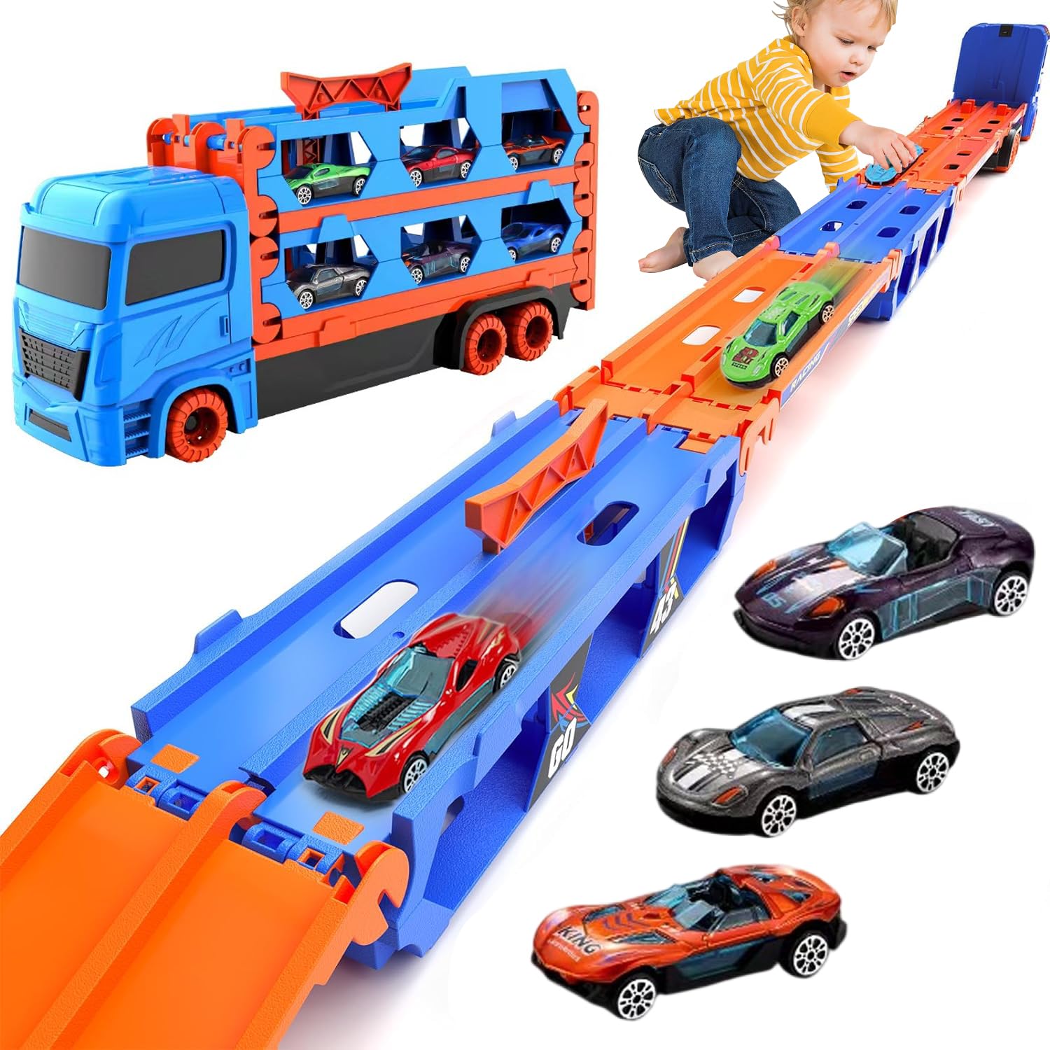 Carrier Truck for 3 4 5 6 Year Old Kids with Foldable 5.3FT Track, 6 Die-Cast Metal Small Race Cars, Dual Rail Ejection Device, Toy Truck Play Set for Boys Girls Gift