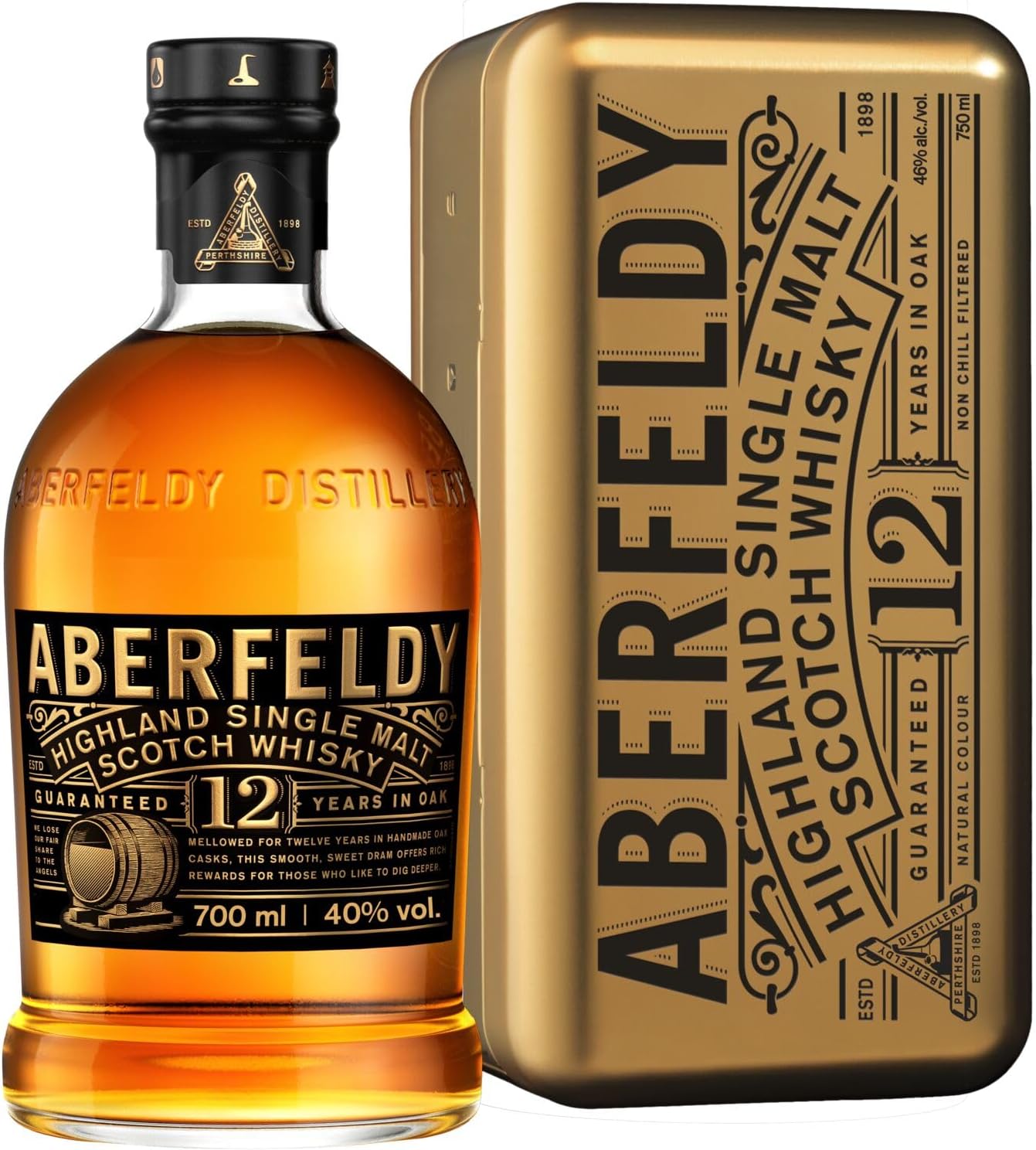 12 Year Old Single Malt Scotch Whisky Gold Bar Gift Tin, 40% vol., 70 cl / 700 ml, Premium Whisky Gift, Aged in Four Cask Types