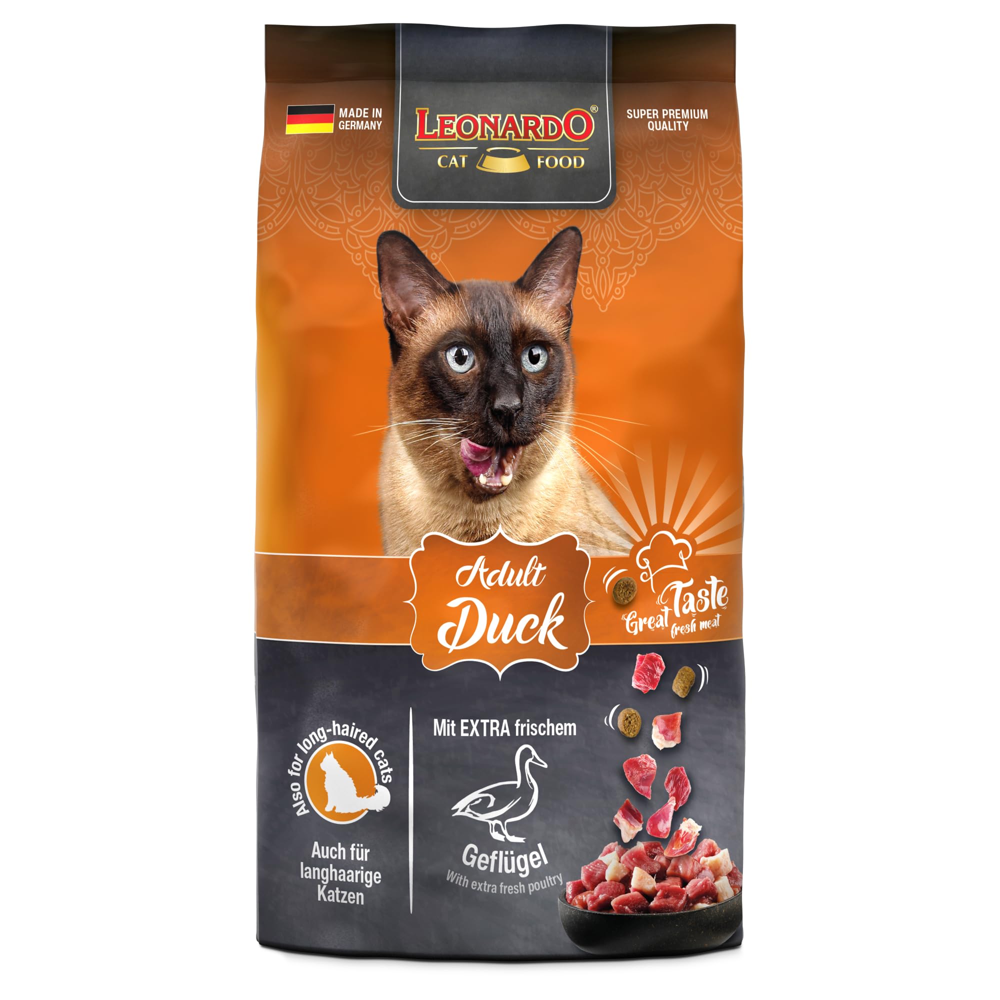 LEONARDO Katzenfutter Adult Duck, 300g Beutel, Geflügel, Trockenfutter für ausgewachsene Katzen Aller Rassen ab 1 Jahr, leicht verdaulich, Made in Germany