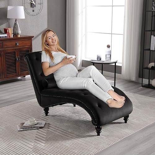 Miniatura 3 de Tumbona para interiores, moderna silla decorativa de terciopelo con botones copetudos con patas de madera maciza y almohada lumbar, sofá reclinable