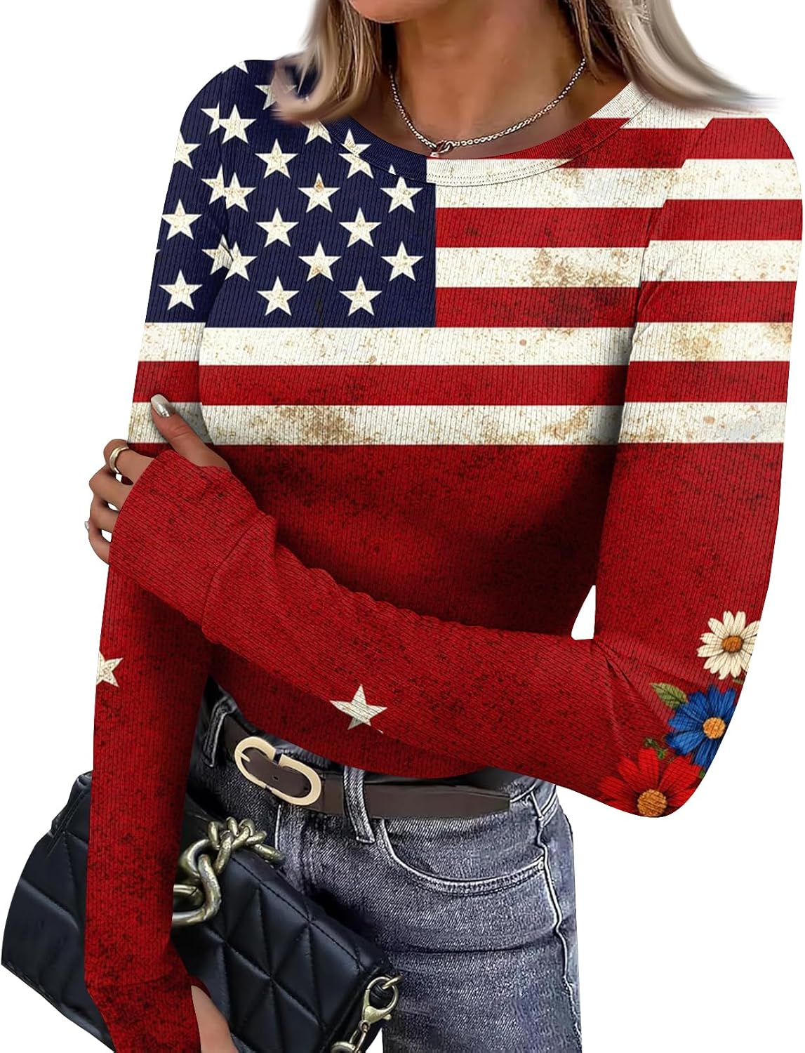Women's 250 Anniversary USA Shirt, 4th of July Shirts for Women, Long Sleeve Crewneck Patriotic Tops