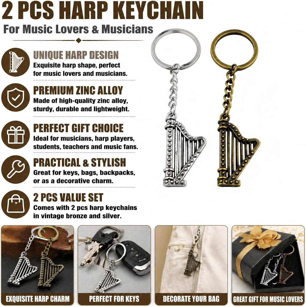 Harp Keychains Set of 2 - Zinc Alloy Music Instrument Keychains for Musicians & Music Lovers, Gift for Harp Enthusiasts image 2