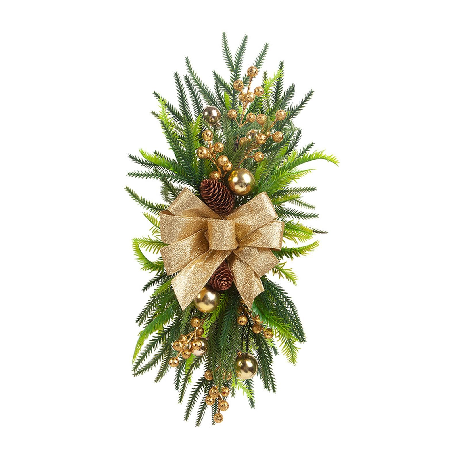 Guirnalda de Navidad Artificial Decorativa con Ramas Lazo Bolas Y Bayas Hecha de PP Y Tela Adecuada para Escalera Puerta Ventana Regalo Decoración del, Oro, Individual
