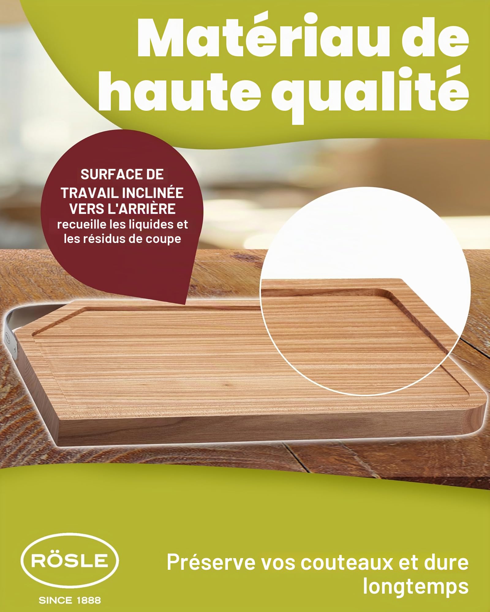 RÖSLE Planche à découper, support de découpe de haute qualité pour la cuisine pour une utilisation universelle, planche à servir, bois d'orme, acier inoxydable 18/10, 36 x 24 cm