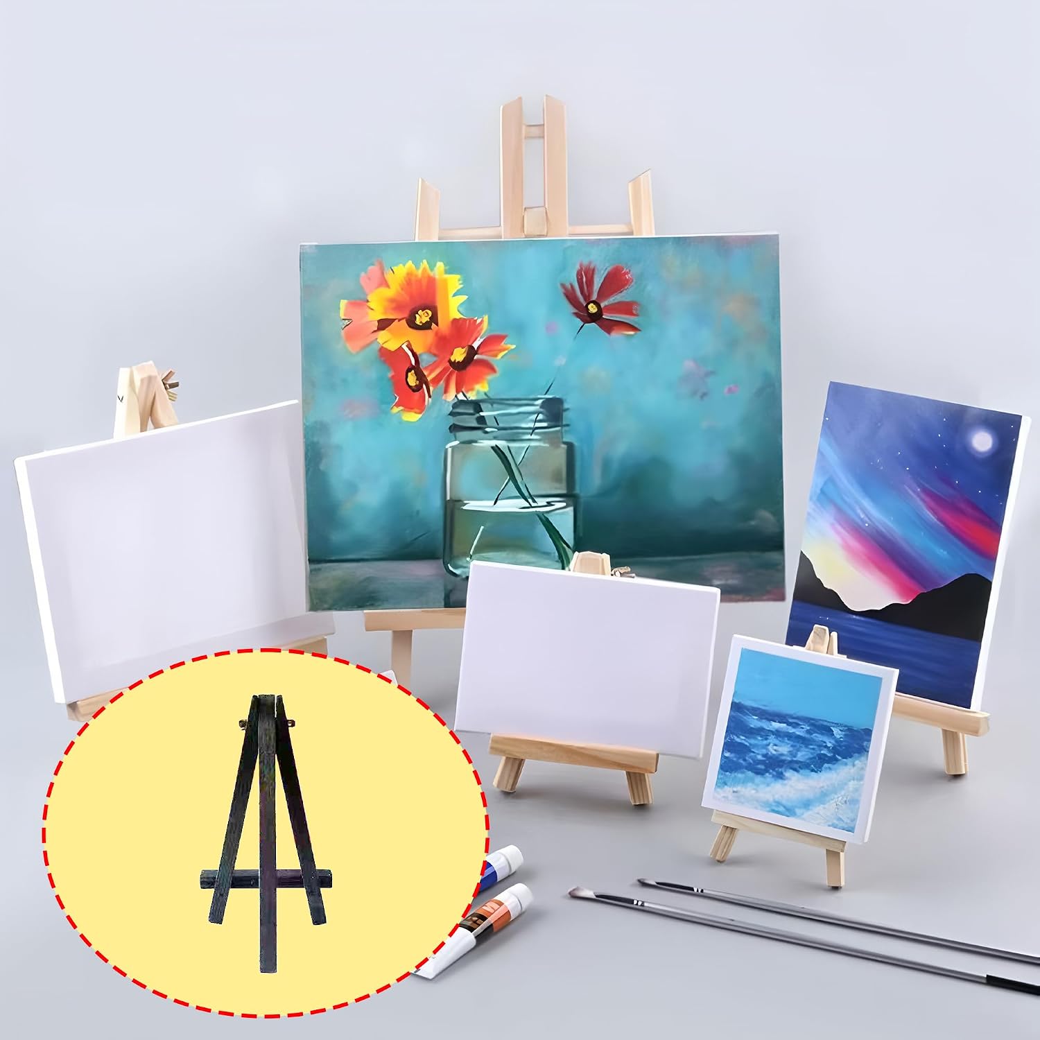 6PCS 5" Black Wood Display Easel Natural Wooden Tabletop Stand for Small Canvas Art Photos Business Cards Wedding Decoration Painting Studio