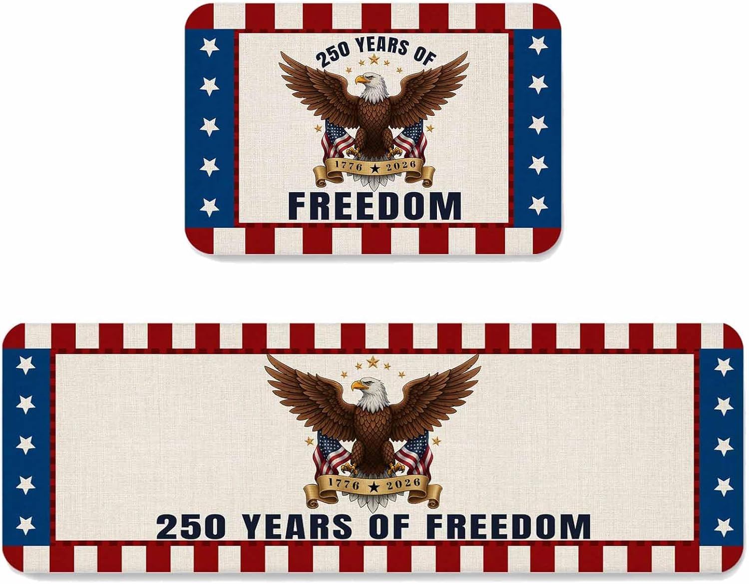 250 Years of Freedom Kitchen Mats Set of 2 4th of July Bald Eagle USA Flag Star Stripe Non Slip Mat Washable Floor Rug for Kitchen Sink Floor Laundry, 20"x24"+20"x48"
