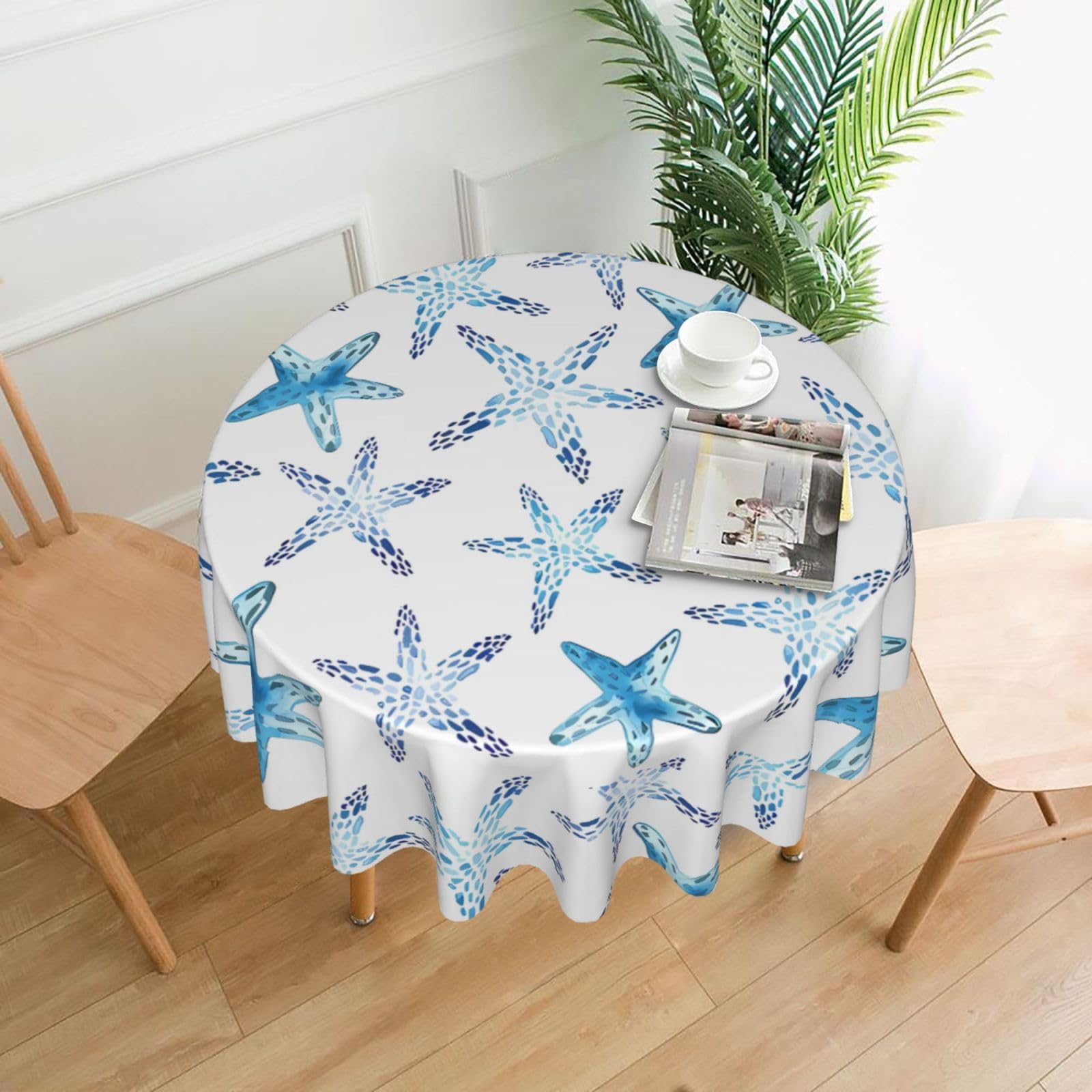 Whjssf Black Cute Starfish Prints Round Decorative Tablecloth 60In - High-Grade Polyester Table Throw For Dining & Outdoor Parties