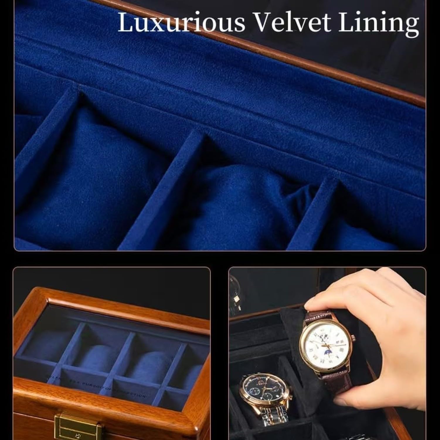 Astuccio Orologio in Legno Massello 8 Van Pietra con Coperchio in Vetro Noce Scatola Porta Orologi per Uomo Donna Custodia Da Tavolo Organizer, 8 slot-velluto blu reale, Legno di teak dorato massiccio