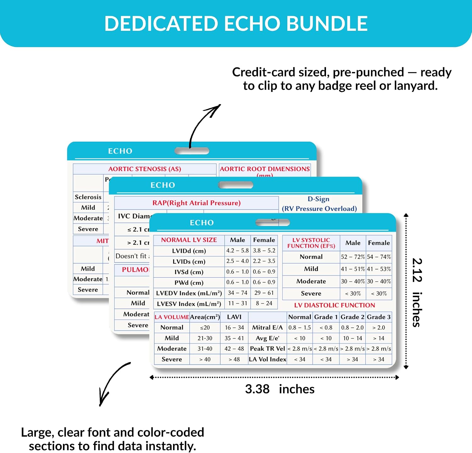 Echo Ultrasound Badge Buddy Cheat Sheet (3 Cards), Cardiac Sonography Student Essentials & Echocardiography Quick Reference Guide, Cardiac Tech Gifts