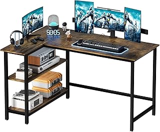L Shaped Desk - 43 Inch Gaming Desk, Computer Corner Desk, Home Office Writing Desk with Shelf, Space-Saving Workstation Table, Modern Simple Wooden Desk, Rustic Brown