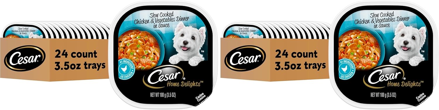 Cesar Home Delights Adult Wet Dog Food,Slow Cooked Chicken & Vegetables Dinner in Sauce,Wet Food for Dogs,3.5 oz Tray,24 Count (Pack of 2)