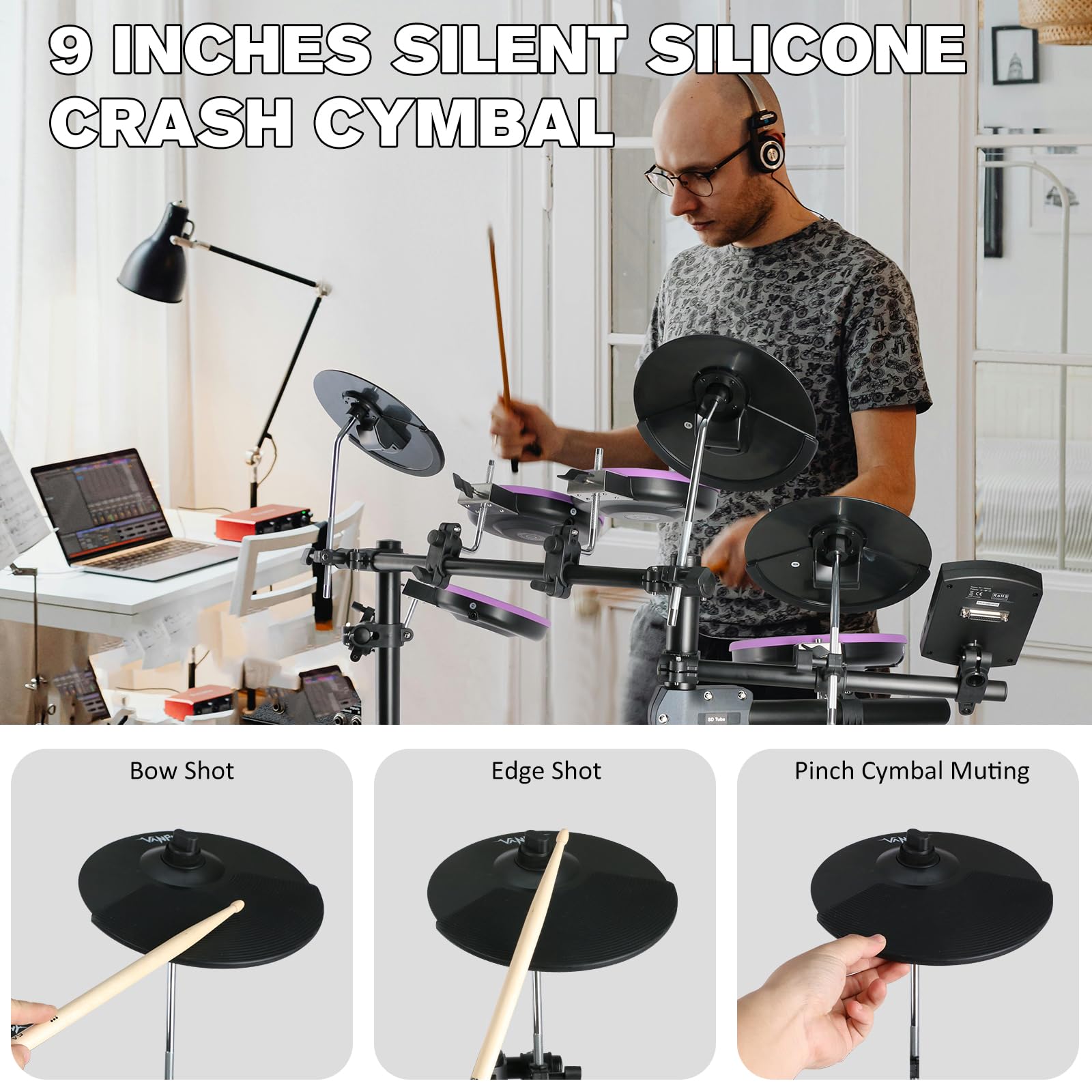 Elektrisches Schlagzeug-Set, elektronisches Schlagzeug-Set für Anfänger, elektrische Trommeln mit leisen Mesh-Pads, 20 Schlagzeug-Set, 350 Sounds 2 Pedale, Bluetooth-Sticks, Schlagzeughocker