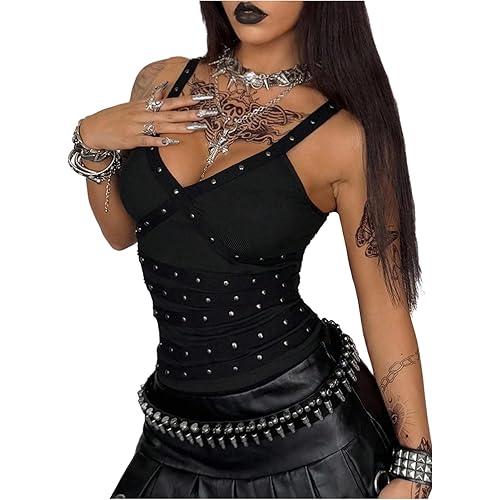 Women's Punk Rivet Tank Tops Gothic Sleeveless V Neck Grunge Fitted Going Out Top