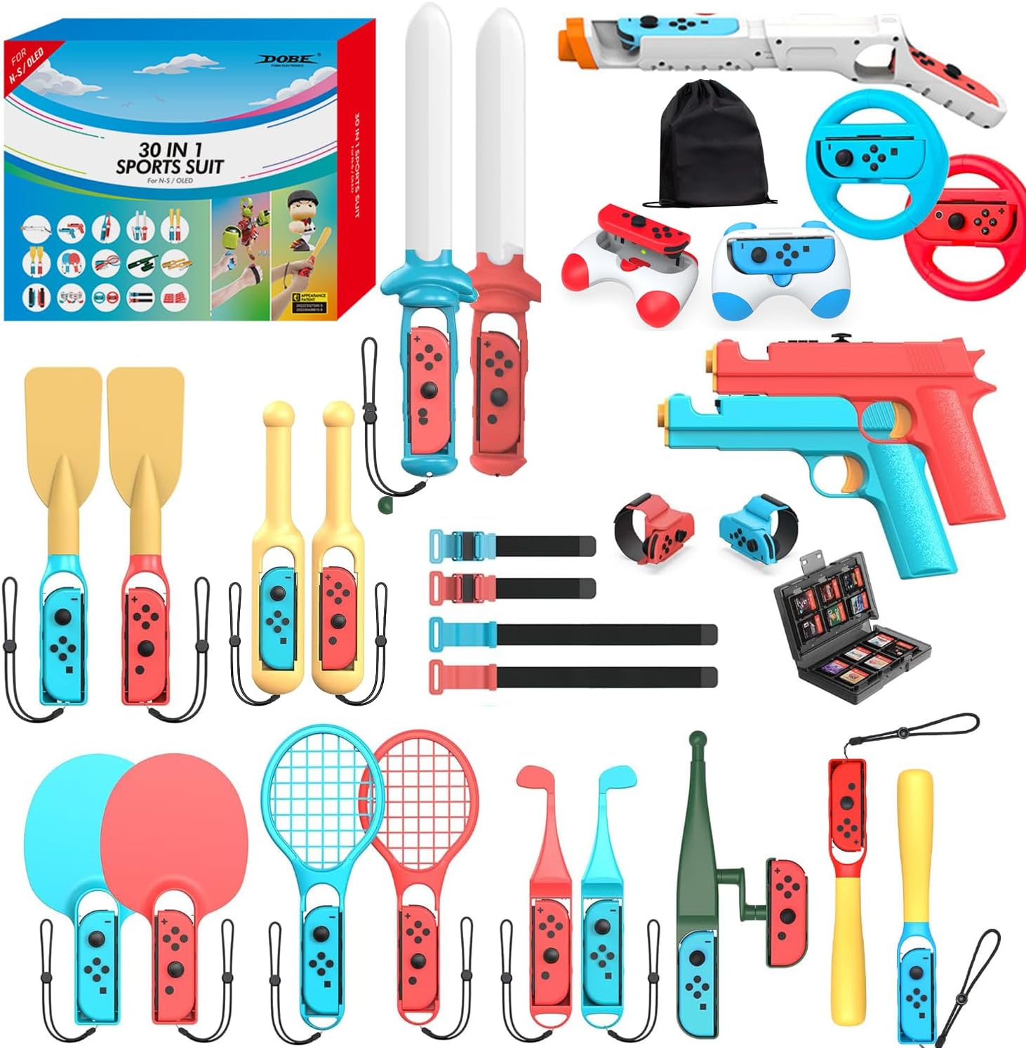 Switch Sports Accessories Bundle - 30 in 1 Family Accessories Kit Pack for Nintendo Switch/OLED Sports Games with Fishing Rod, Game Guns, Tennis Rackets, Golf Clubs, paddles, Baseball Bat,Drum stick