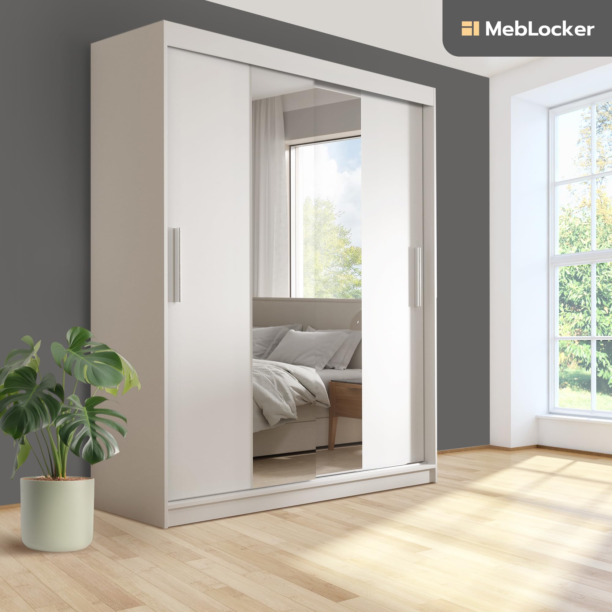 Schiebetürenschrank mit Spiegel 180 cm, 2 Türen, Weiß