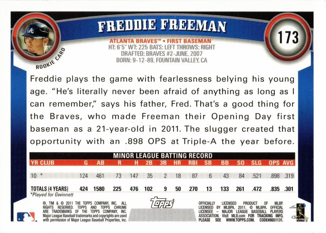 2011 Topps Chrome Baseball #173 Freddie Freeman Certified Autograph Rookie Card