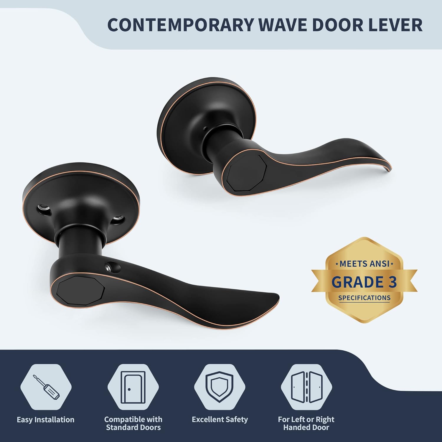Wave Style Door Lever Passage Door Handle, Keyless Interior Lever Reversible for Left/Right Handed for Hallway and Closet with Oil Rubbed Bronze Finish, 1 Pack