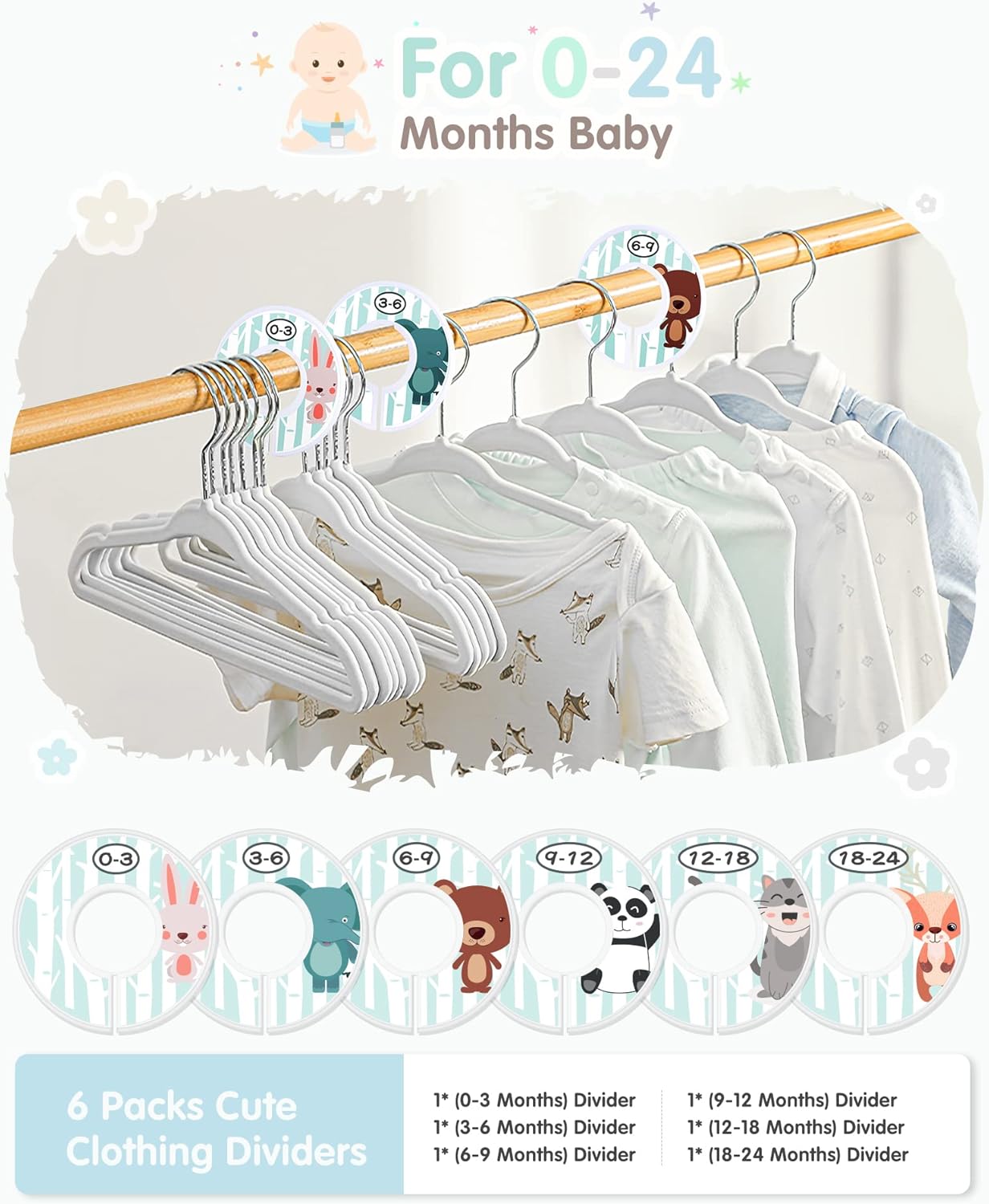 VIS'V Baby Hangers, 11 Inch Velvet Kids Hangers with 6 Pcs Clothes Size Dividers, Infant Toddler Nursery Closet Organization, Non Slip, White, 30 Pcs - Image 2