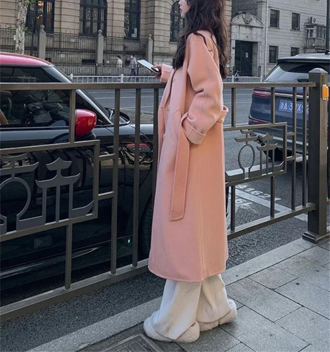 Abrigo de lana coreano suelto para mujer, elegante, liso, abrigo largo con cinturón, abrigo largo delgado y cálido