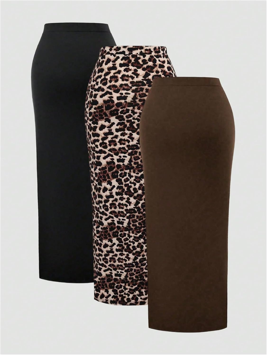 SHENHE Women's 3 Pack Sexy Split Thigh Ruched Bodycon High Waisted Leopard Maxi Pencil Skirts - Image 2