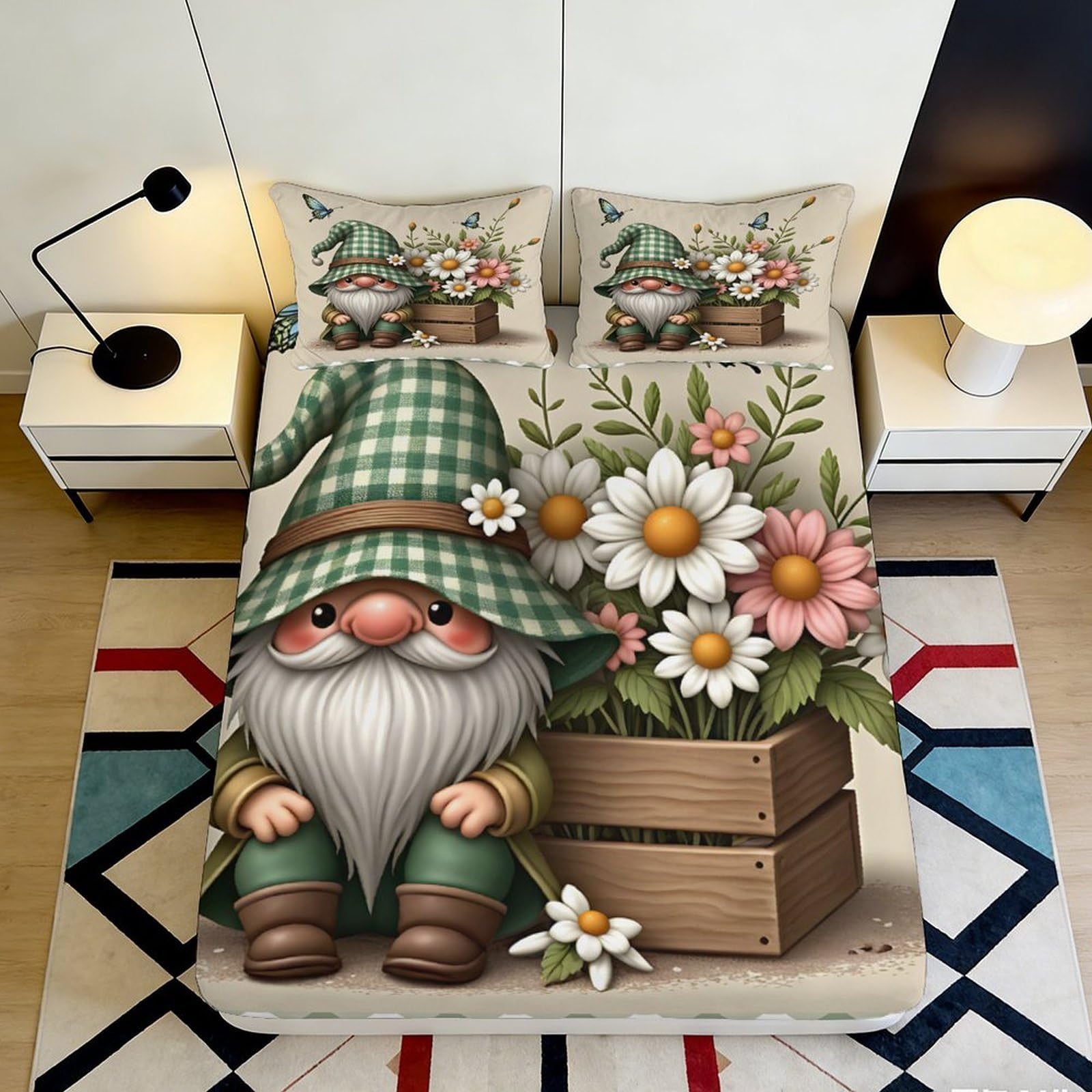 3D Printed Gnome and Daisy Fitted Sheet Microfiber Soft Decorative Bed Cover for Bedroom Guest Room Dorm Mattress Protection 90x200x25cm