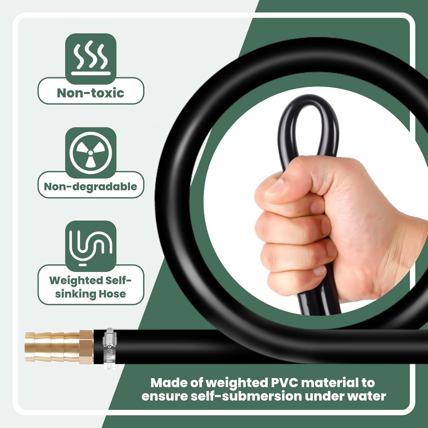 Self Sinking Aeration Hose 3/8 Inch100FT, Weighted Pond Aerator Tubing with 4 Stainless Steel Clamps & 4 Copper Menders for Aquaculture and Garden Ponds