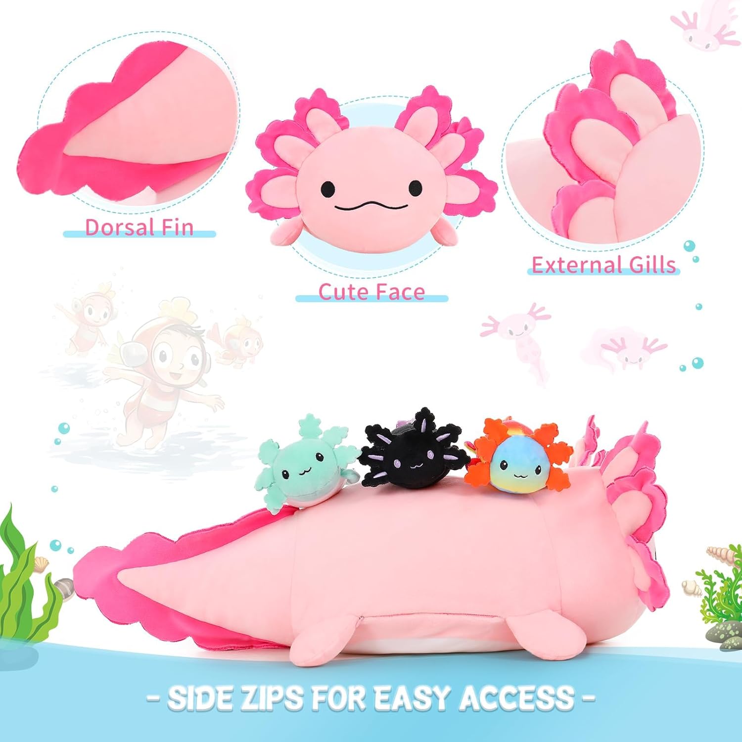 4Pcs Axolotl Plush, Large Pink Axolotl Stuffed Animal Mommy 24 inch with 3 Babies in Tummy, Soft Pillow Toys Gifts for Kids Girls Boys - Image 3
