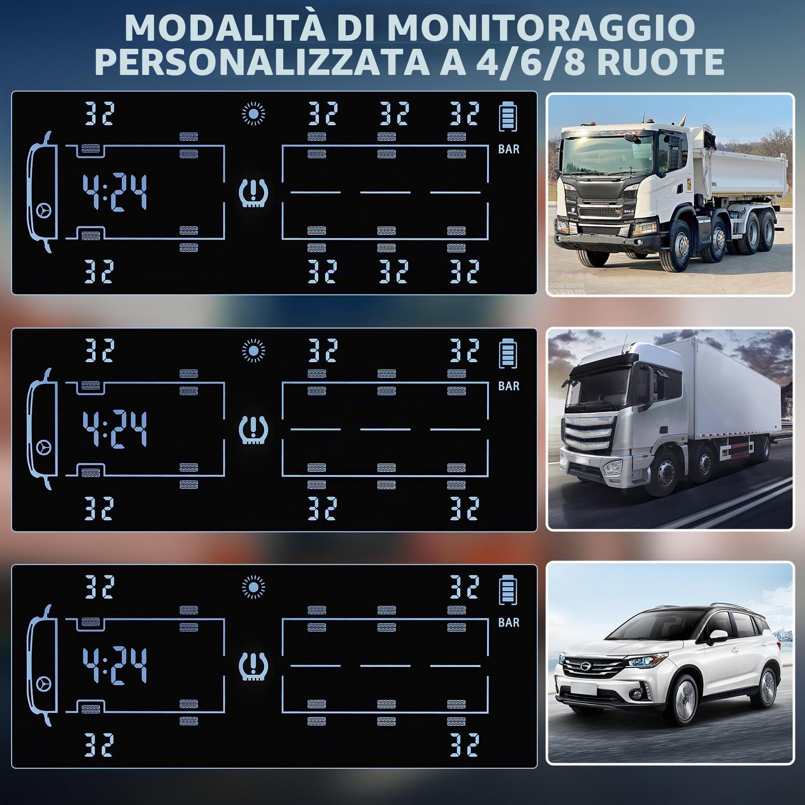 TPMS Sistema Monitoraggio Rilevatore di Controllo per 6/8 Ruote Van/Lkw/Truck Solare Della Pressione Degli Pneumatici con 8 Sensori,Ripetitore,13Bar/188Psi, 6 Tipi di Allarmi