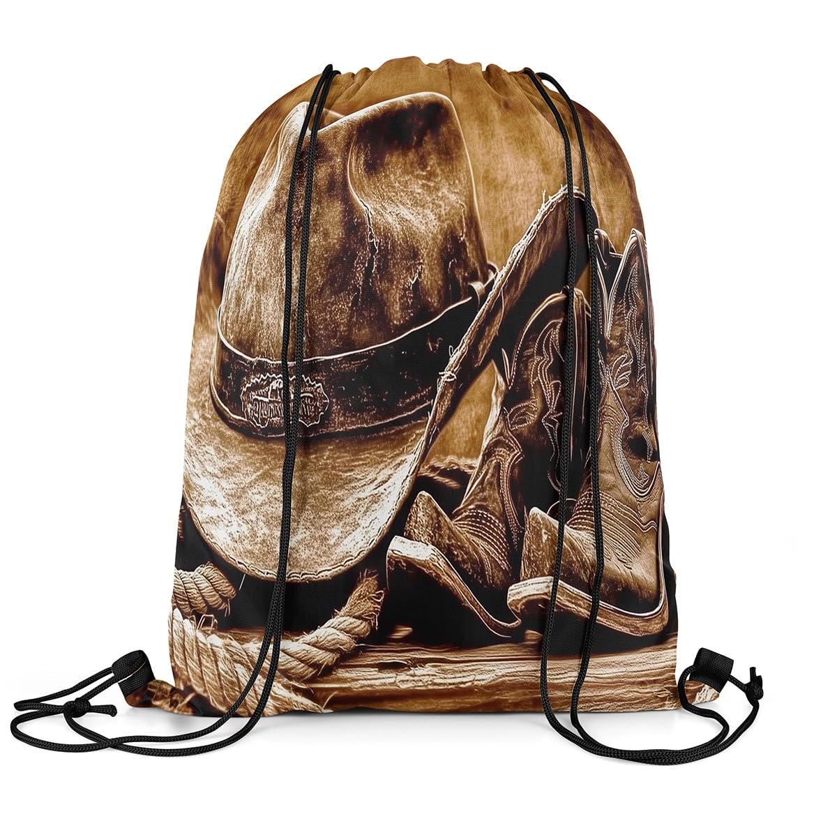 Loussiesd West Cowboy Drawstring Backpack 40x33cm Western Decor Sports Gym String Bag Rodeo Cowboy Style Drawstring Bags Hat Boot Waterproof Cinch Bag Sports Drawstring Sackpack