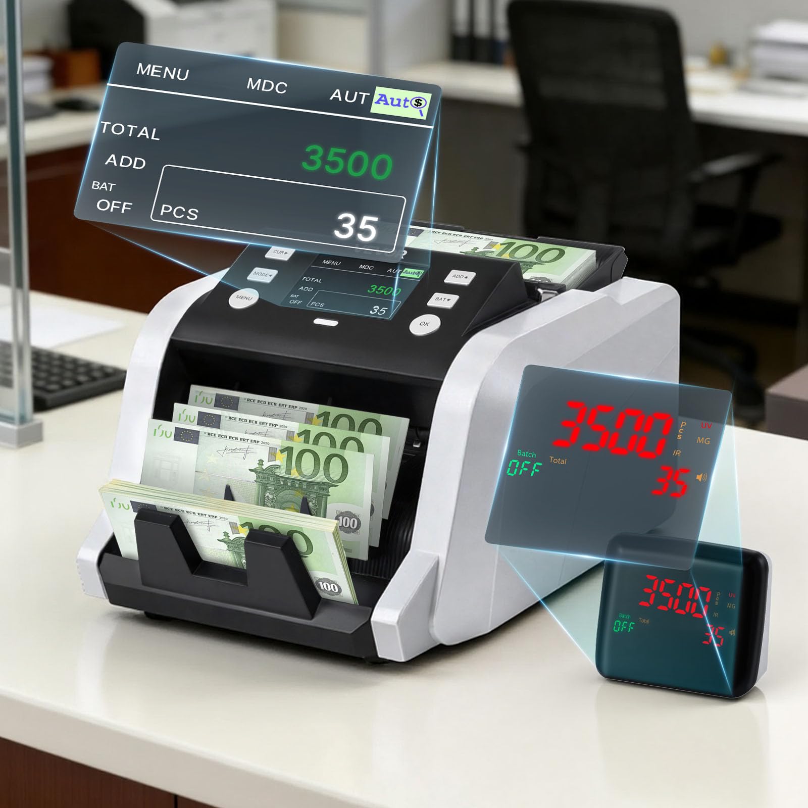 VEVOR Contabanconote Velocità 1200 banconote/min da Banco, Contasoldi con Conteggio del Valore, Rilevamento di Banconote False UV MG IR DD DBL HLF CHN, Display TFT, per Banconote Multiple Valori Misti