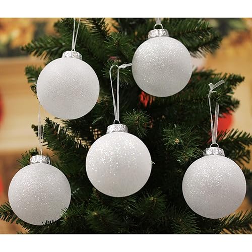 SLEETLY White Christmas Tree Holiday Xmas Decorations for Christmas - Farmhouse Holiday Ball Ornaments, Large Shatterpoof Plastic 3.15 inch Glitter Snowballs, Ornament Set of 12