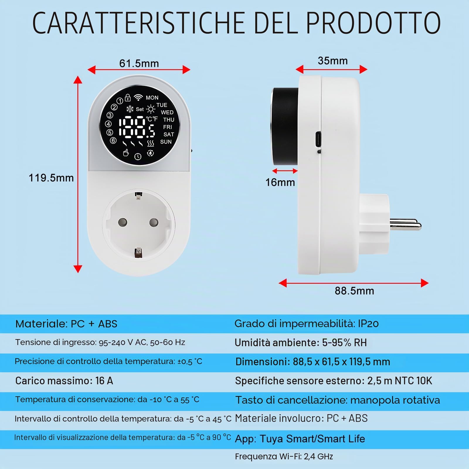 Presa termostato WIFI cronotermostato 16A 220V termostato digitale LED intelligente regolatore temperatura commutazione modalità riscaldamento raffreddamento Adatto per serre e ventilatori