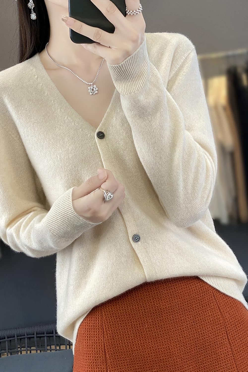 100% Merino Wool Sweaters Women's Fall Winter Female Cardigan V-Neck Sexy Knitted Long Sleeves New Simple(015) - Image 3