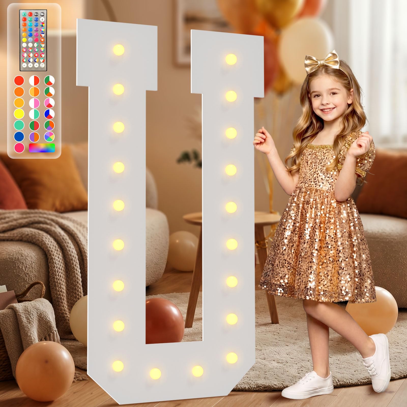 4FT Marquee Light Up Letters, 34 Colors Changing Marquee Letters U with Remote,Weighted Water Bag, Pre-Cut Foam Board Set Can Be Used for Birthday Party Grad Prom Party Decoration Wedding Event Baby